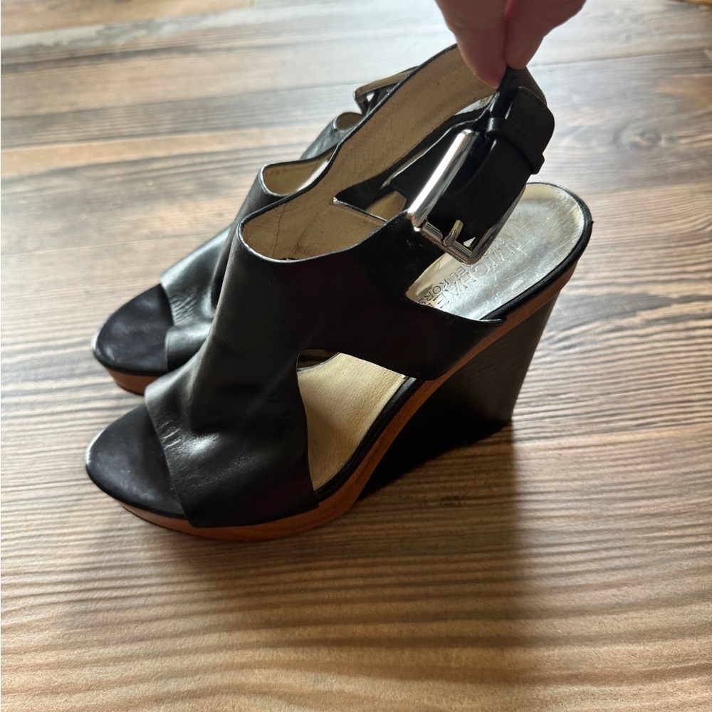 Michael Kors Black Leather Wedge Sandals